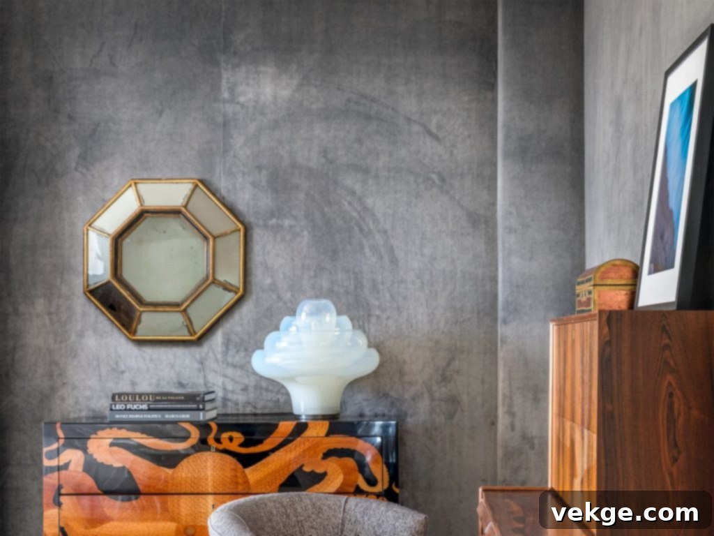 Luxurious home office with various plush textures in furniture and decor