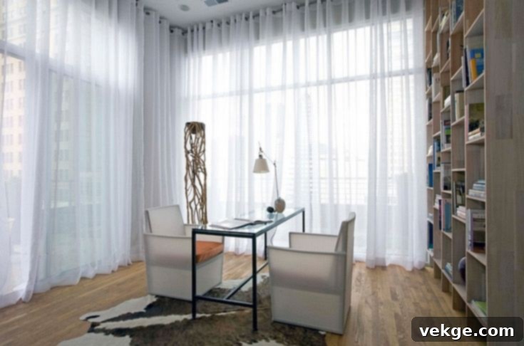 Home office with dramatic floor-to-ceiling drapes adding height to the room