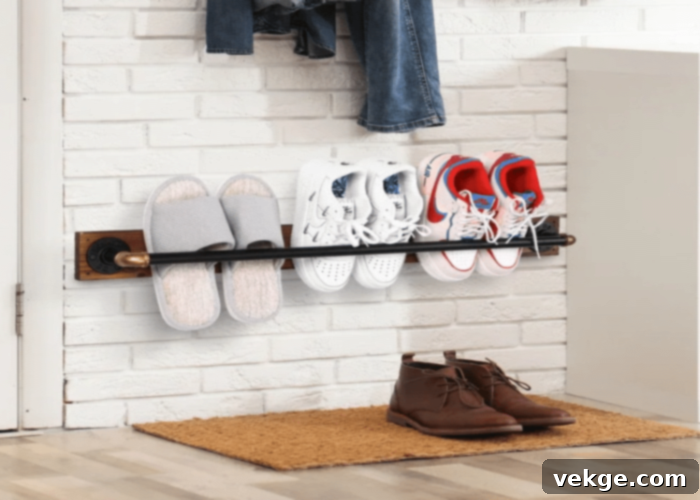 Shoes neatly arranged on a wall-mounted metal rod shoe rack