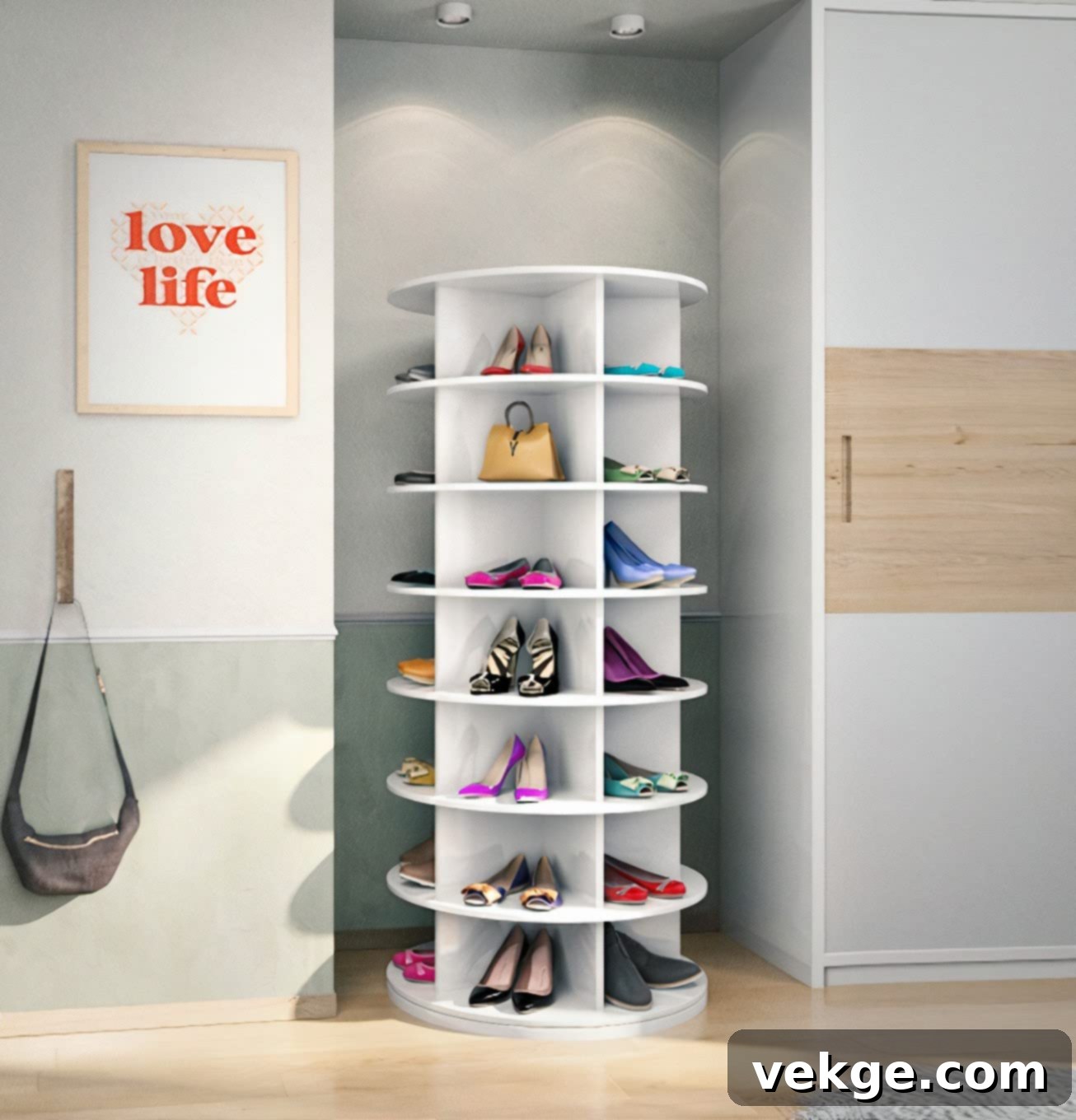Elegant spinning lazy susan shoe stand displaying various shoes