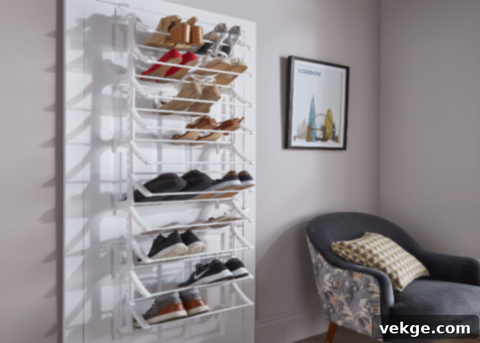 Shoes stored efficiently on an over-the-door rack