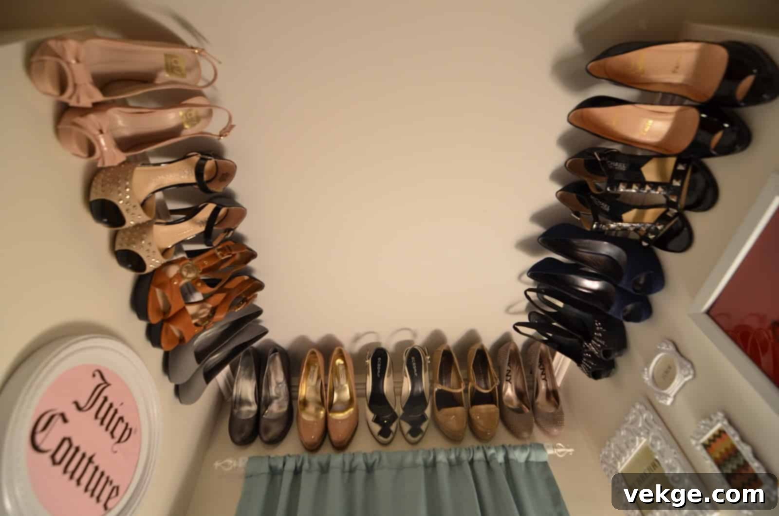 Shoes stored on elegant crown molding in a closet