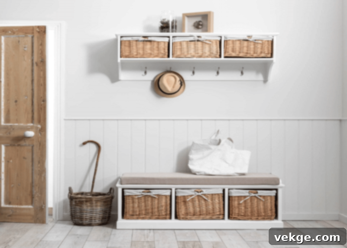 Wicker baskets used as shoe storage under a table