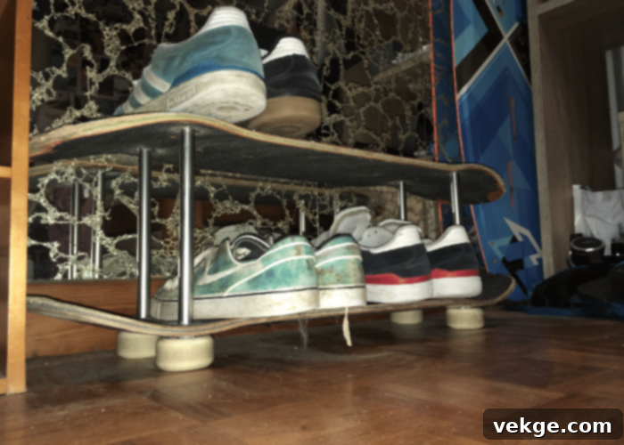 Skateboards repurposed as unique wall shelves for shoes