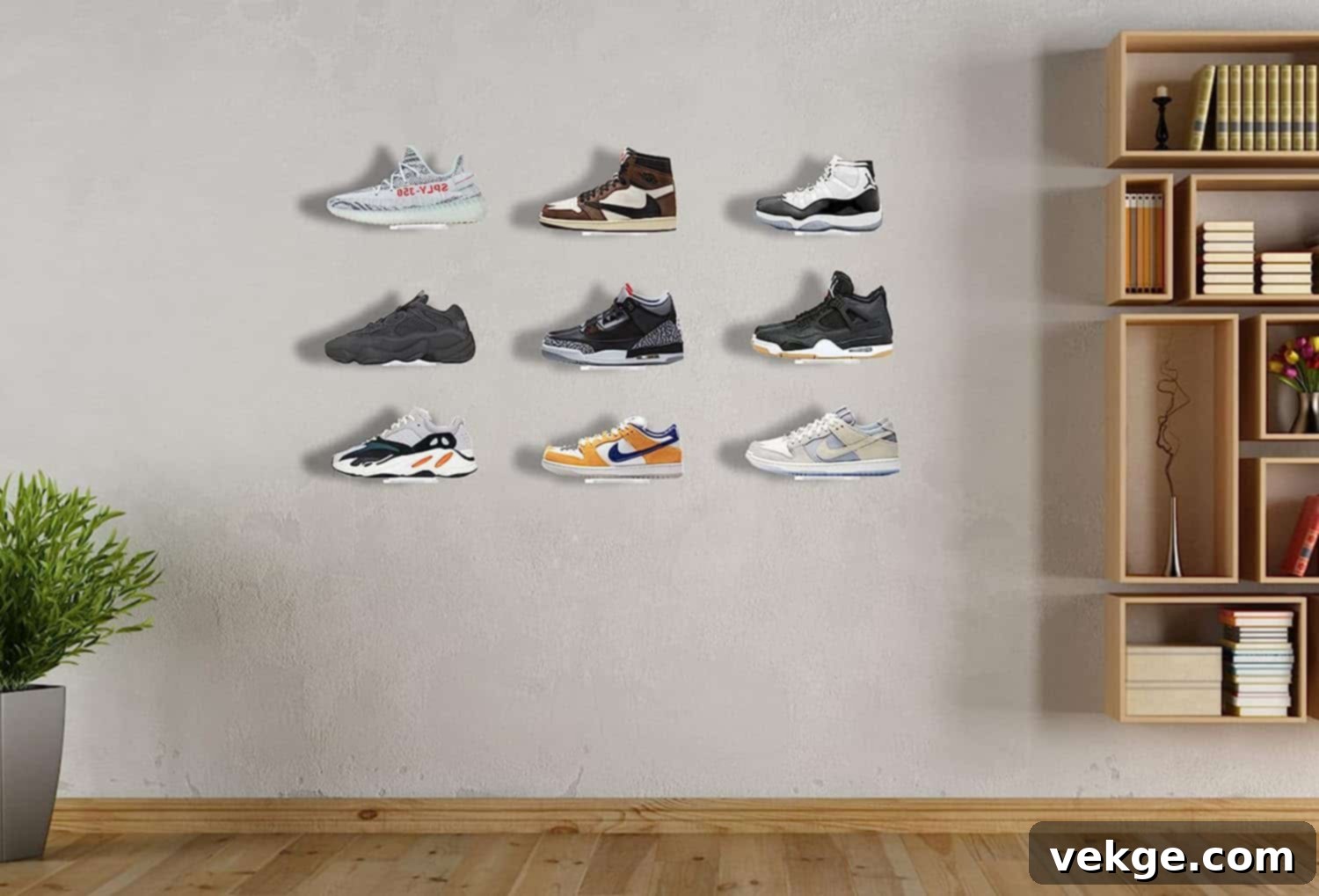 Individual shoes displayed on subtle floating wall racks