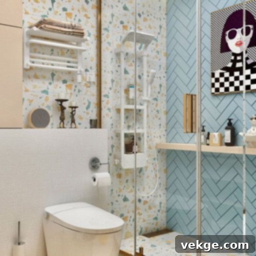 Stylish terrazzo tiles on bathroom floor and walls