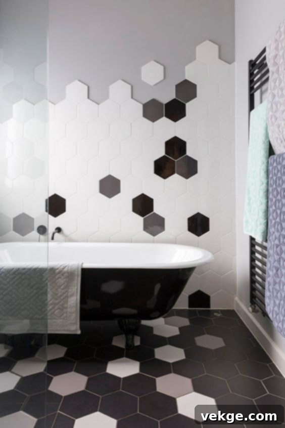 Honeycomb tile design with brass accents for small bathrooms