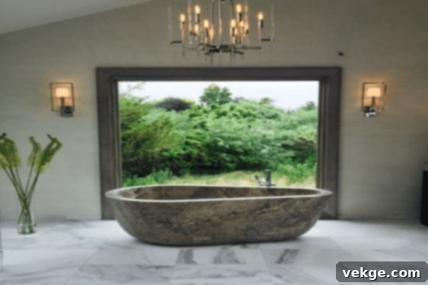 Sculptural stone bathtub with outdoor views