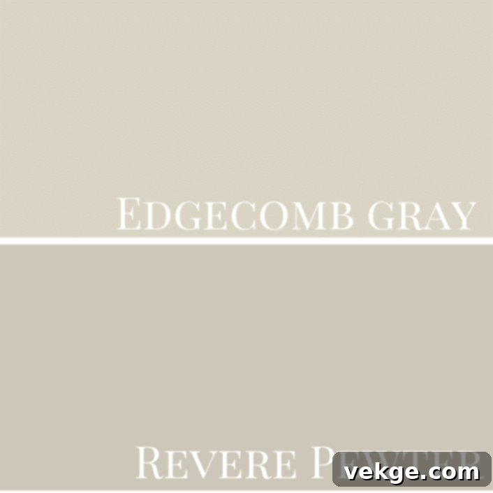 Comparison of Benjamin Moore Edgecomb Gray HC-173 vs Revere Pewter HC-172 gray paint colors.
