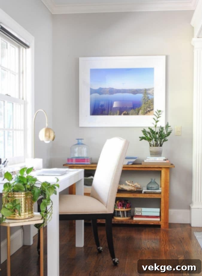 Edgecomb Gray in a home office for a calm and productive environment.