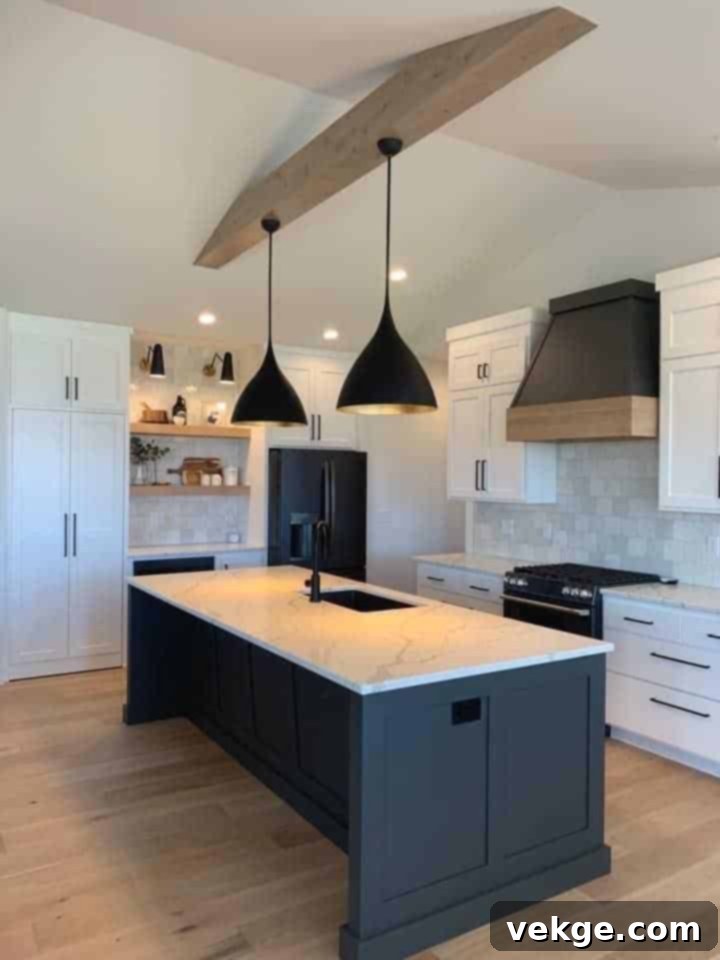 Kitchen with brass and black lighting fixtures