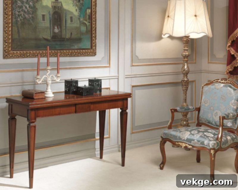 Elegant console table decorated with vases and framed art in an entryway
