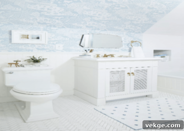 Toilet Bathroom Wallpaper - A bathroom featuring charming toile wallpaper for a French Country feel.