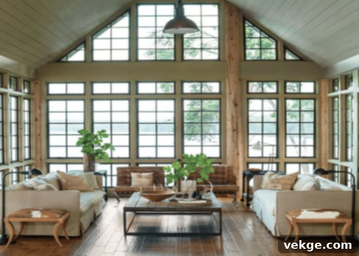 Rustic Living Room with Large Windows and Natural Elements
