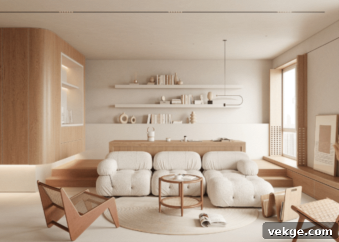 Expertly crafted wooden furniture in a bright minimalist living room, highlighting natural textures and clean design.