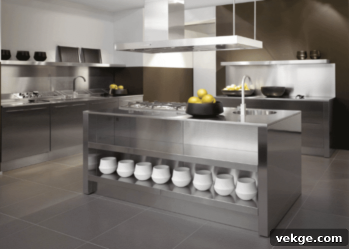 Minimalist kitchen with polished stainless steel appliances and surfaces, emphasizing cleanliness and modern efficiency.