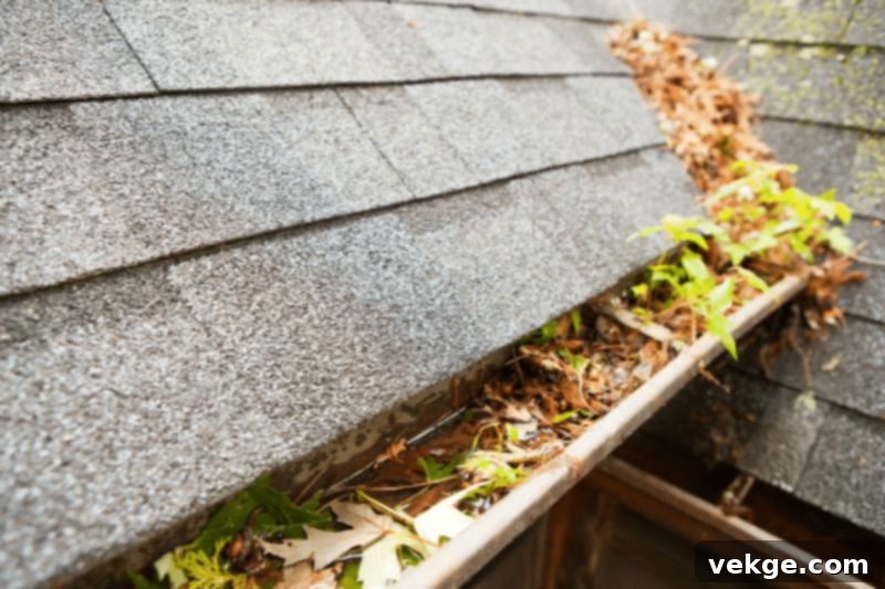 Clogged gutter overflowing with water during a heavy rainstorm, causing erosion around a home's foundation