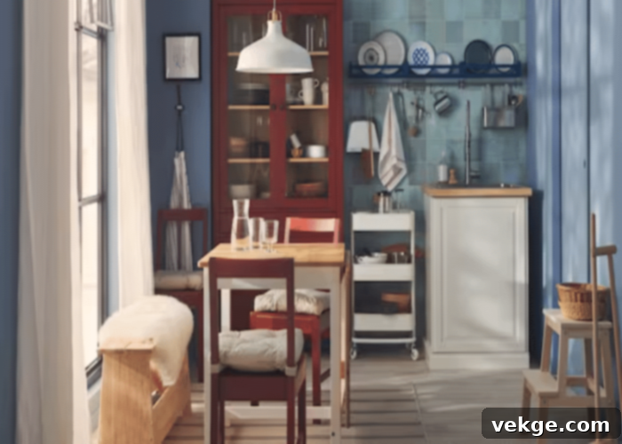 Scandinavian Dining Room with Red and Blue Accents