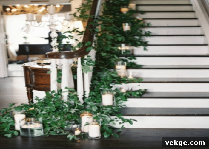 Candles with Green Foliage on Staircases for Ambiance