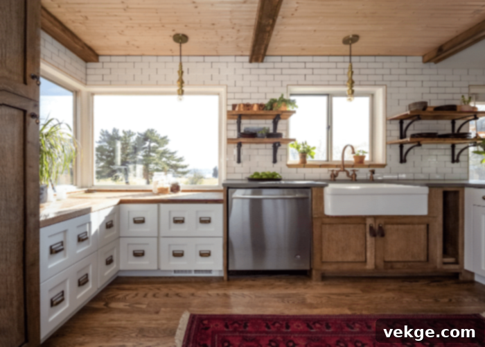 Farmhouse Style Kitchen Cabinets and Wood Shelf