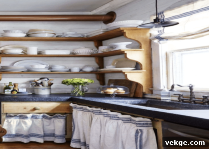 Farmhouse Kitchen Open Shelves and Curtains