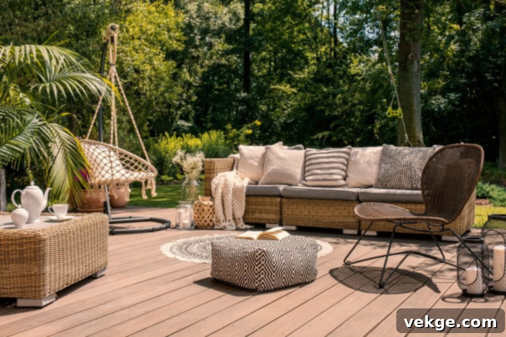 A rattan patio set including a sofa, a table and a chair on a wooden deck in the sunny garden.