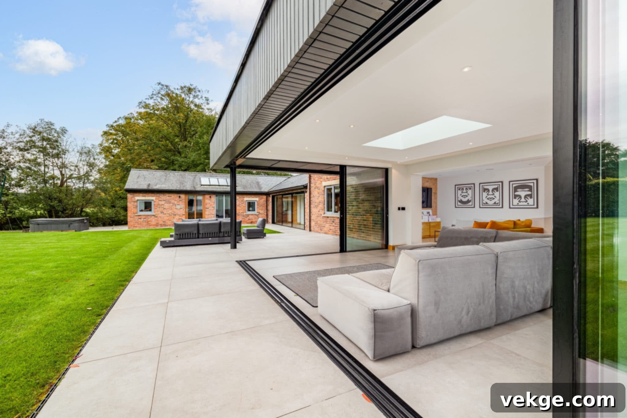 A modern home with large aluminium windows and doors that seamlessly blend the interior with a beautifully landscaped outdoor patio and garden.