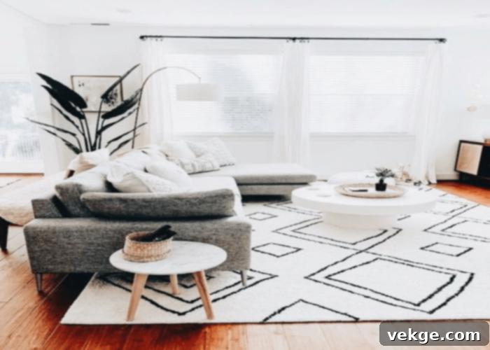 White Rug for a Bright Living Room with Gray Sofas