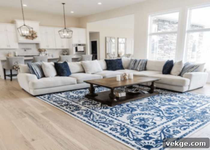 Blue and White Floral Rug with Light Gray Sofa