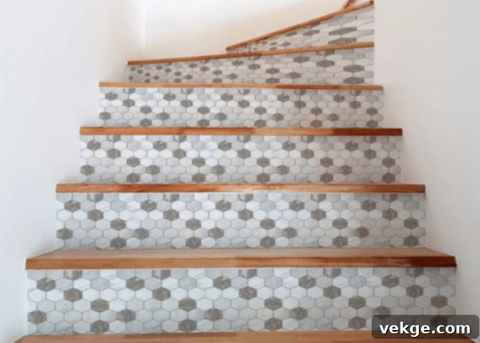 Decorative peel and stick stair riser decals with intricate patterns, offering an easy way to refresh staircase aesthetics
