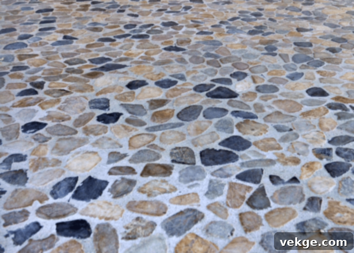 Natural pebble flooring for an organic dark green bathroom, evoking a spa-like atmosphere