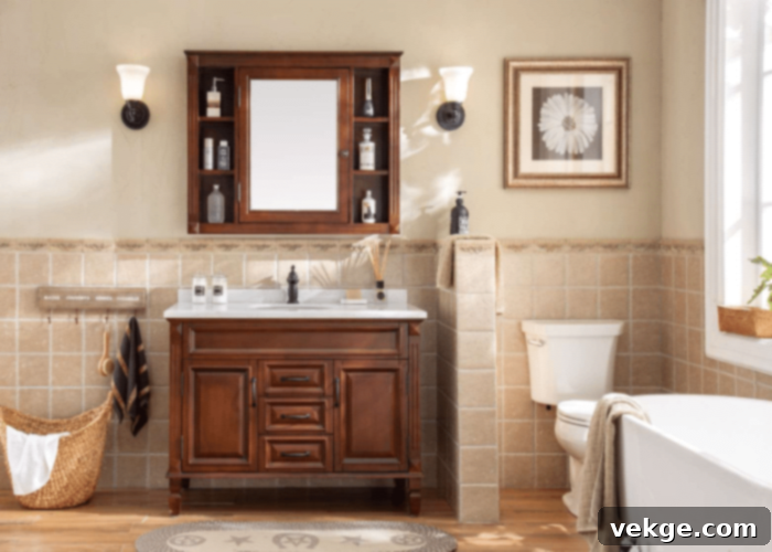 Classic solid wood cabinets for a warm dark green bathroom design