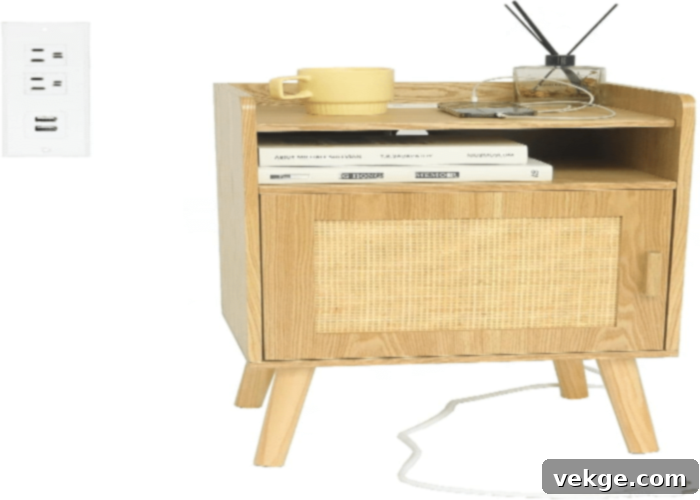 Awasen Rattan Night Stand with a 2-tier Shelf and Door