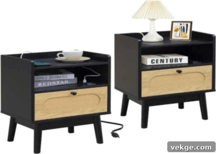 Sleek Black Wooden Nightstands with Rattan Accents