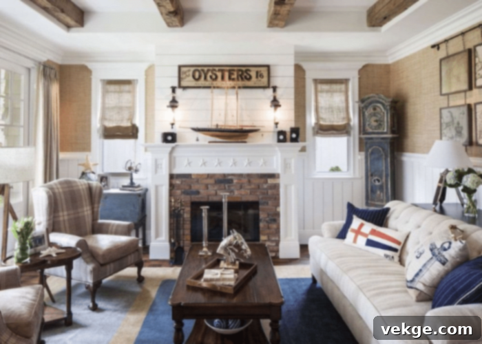 Nautical themed living room with blue and white accents