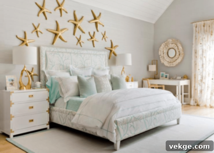 Nautical themed bedroom with blue, white, and wood accents