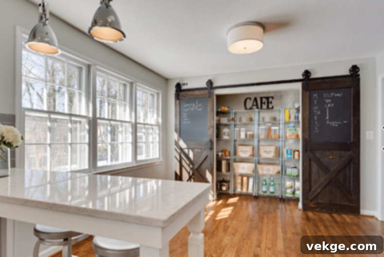 Pantry with Sliding Barn Door in Farmhouse Kitchen