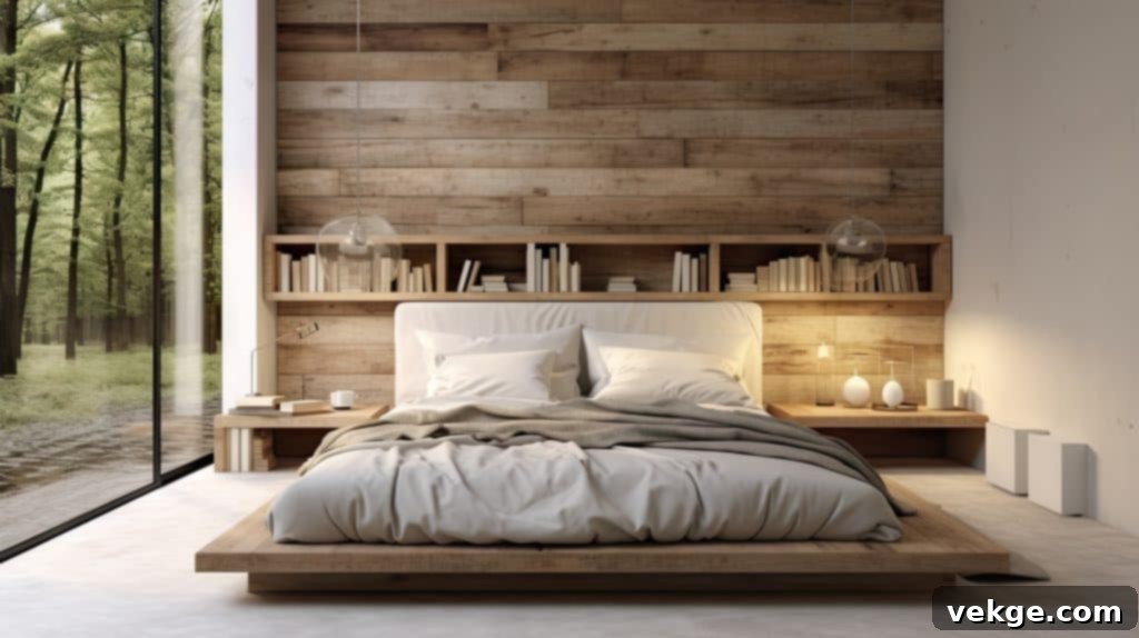 Blurred rustic bedroom with minimalist vases on wooden surface, DIY pallet bed with white bedding, and wooden interior design.