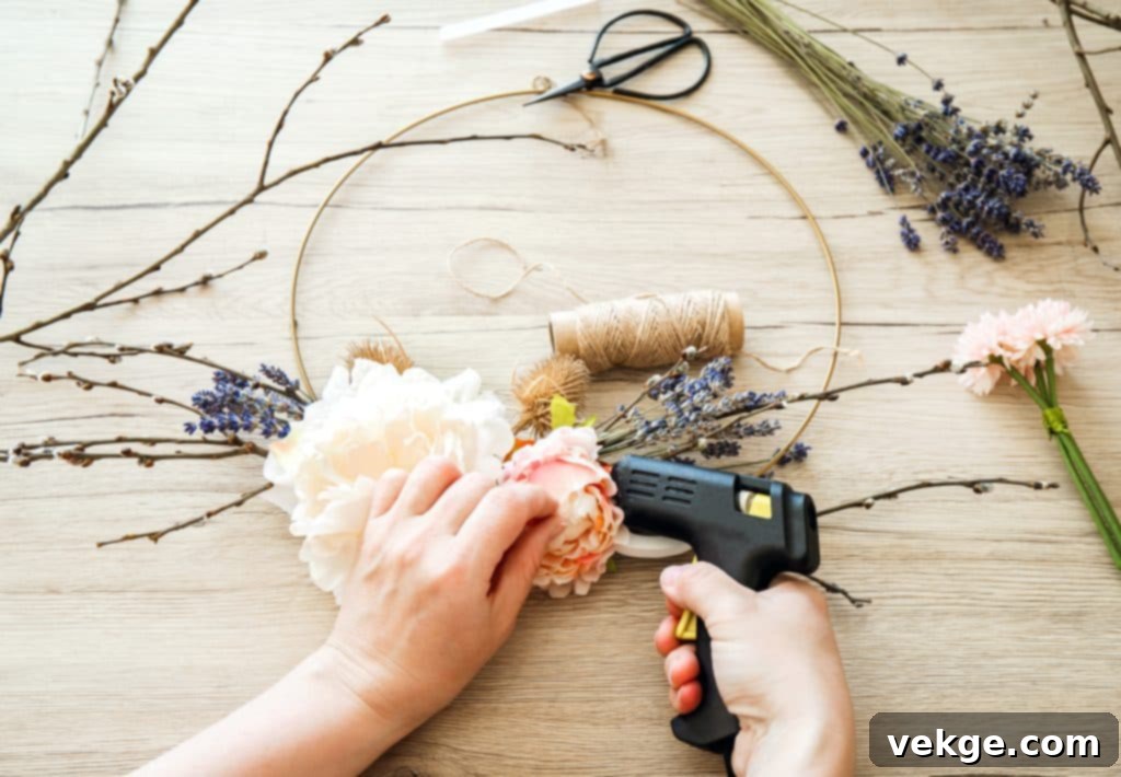 Woman hands making modern spring theme floral arrangement wreath for home decoration. Round metal hoop frame with various real and artificial branches and flowers attached. Catkins, lavender. Hobby.