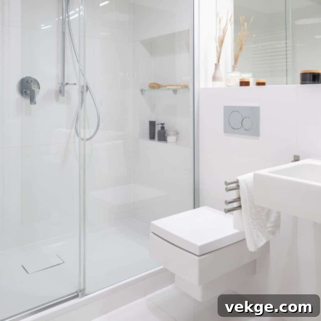 Modern frameless glass shower door with minimal hardware.