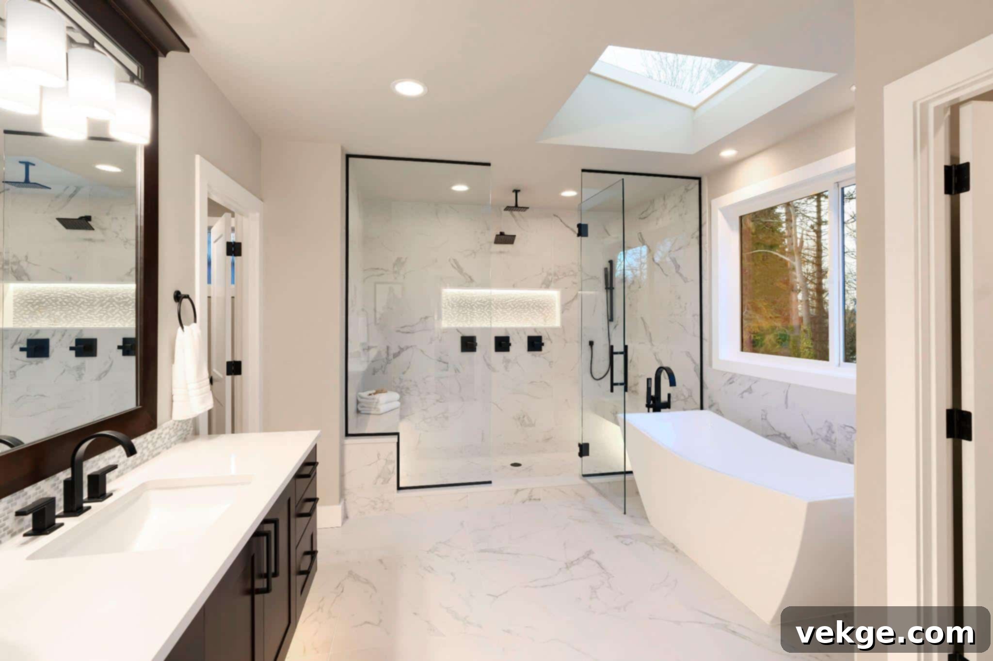 Enclosed glass shower door for a steam shower, creating a spa experience.