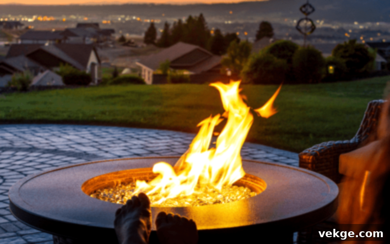 Modern propane fire pit with decorative fire glass, offering clean flames and easy control