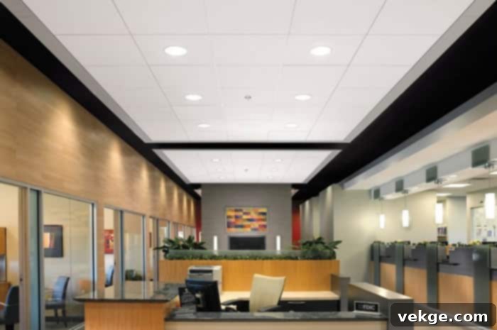 Modern office interior with a suspended ceiling and bright lighting