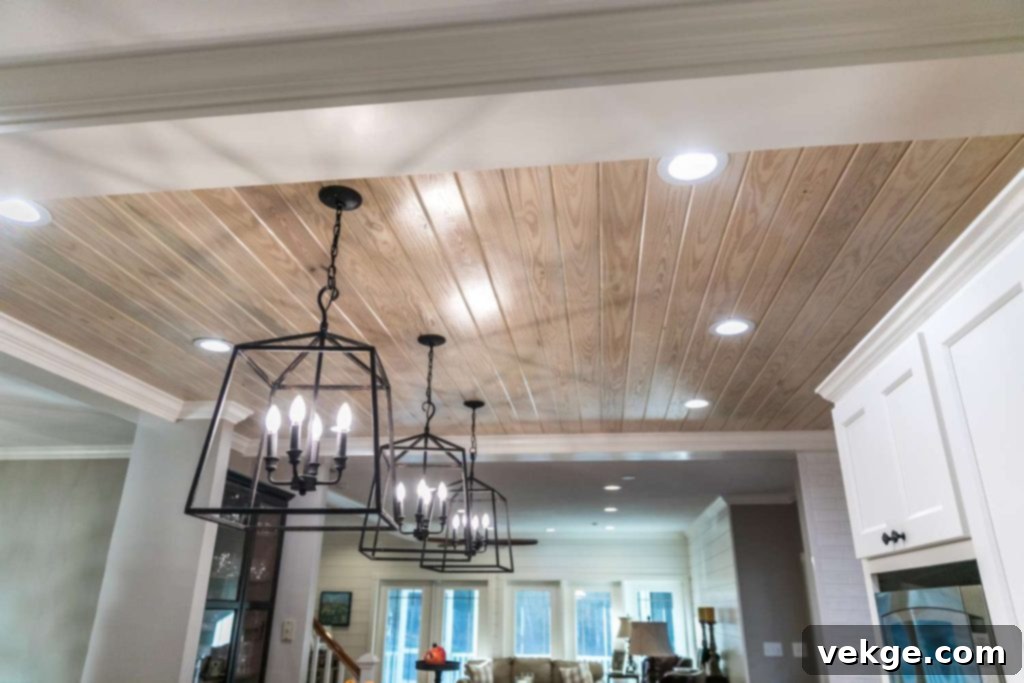 Bright room with a white shiplap ceiling and natural light