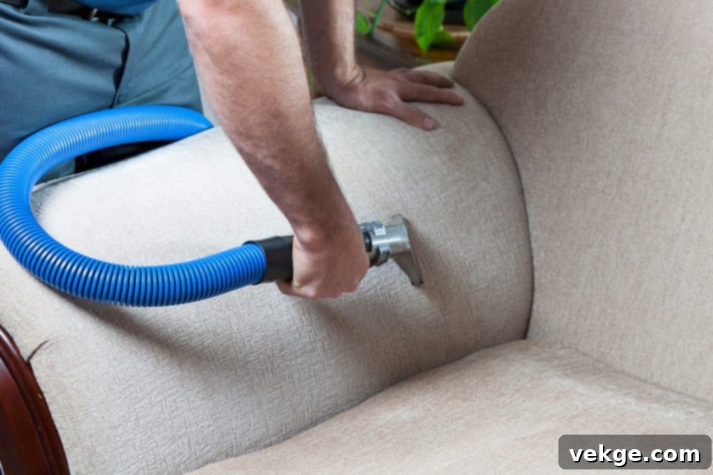 A person expertly steam cleaning a sofa, illustrating a powerful deep cleaning method for hygiene and freshness.