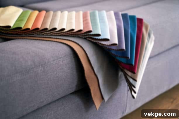 A vibrant array of upholstery fabric samples, showcasing different textures, colors, and material types for sofas.