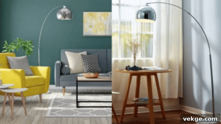 A cozy living room with a lamp, chair, and table.