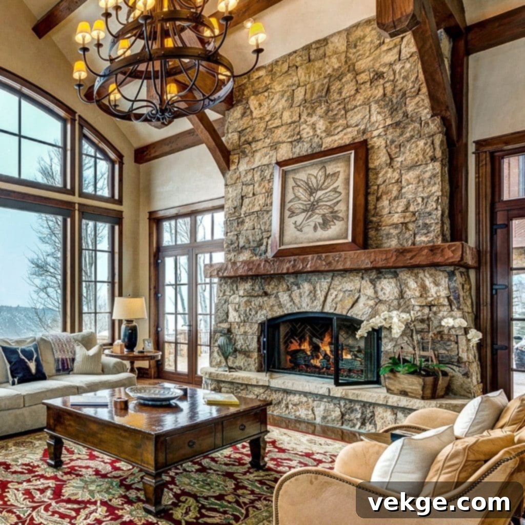 Spacious living room with stone fireplace and expansive windows.