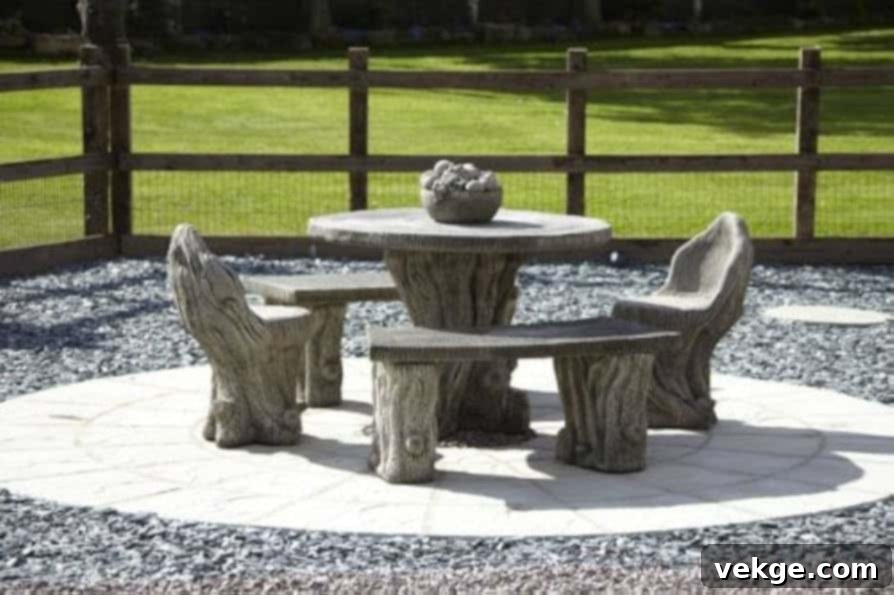 Stone table and chairs in a gravel area,