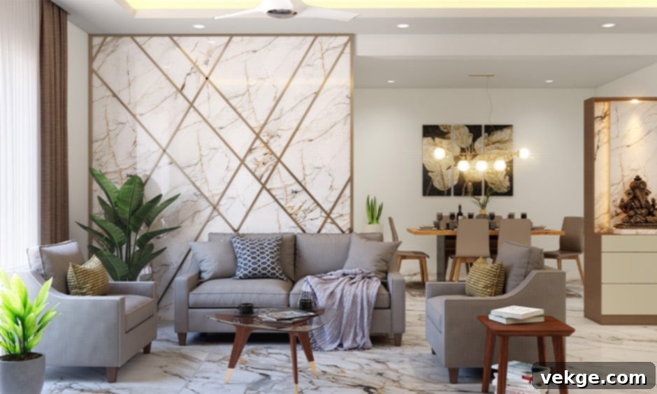 Elegant living room adorned with marble walls and flooring,